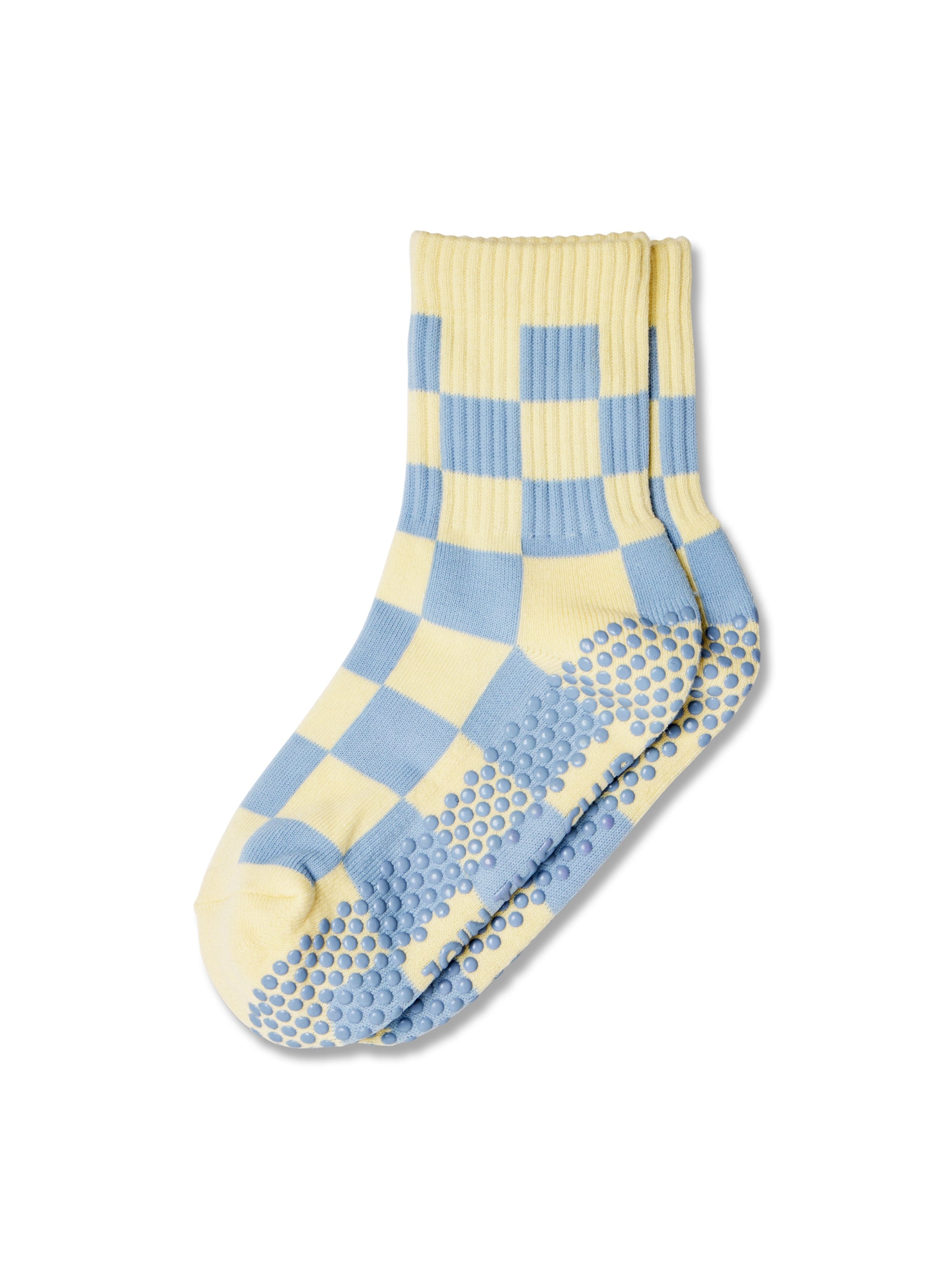 Checkered Crew Pilates Grip Sock - Lemon/Blue