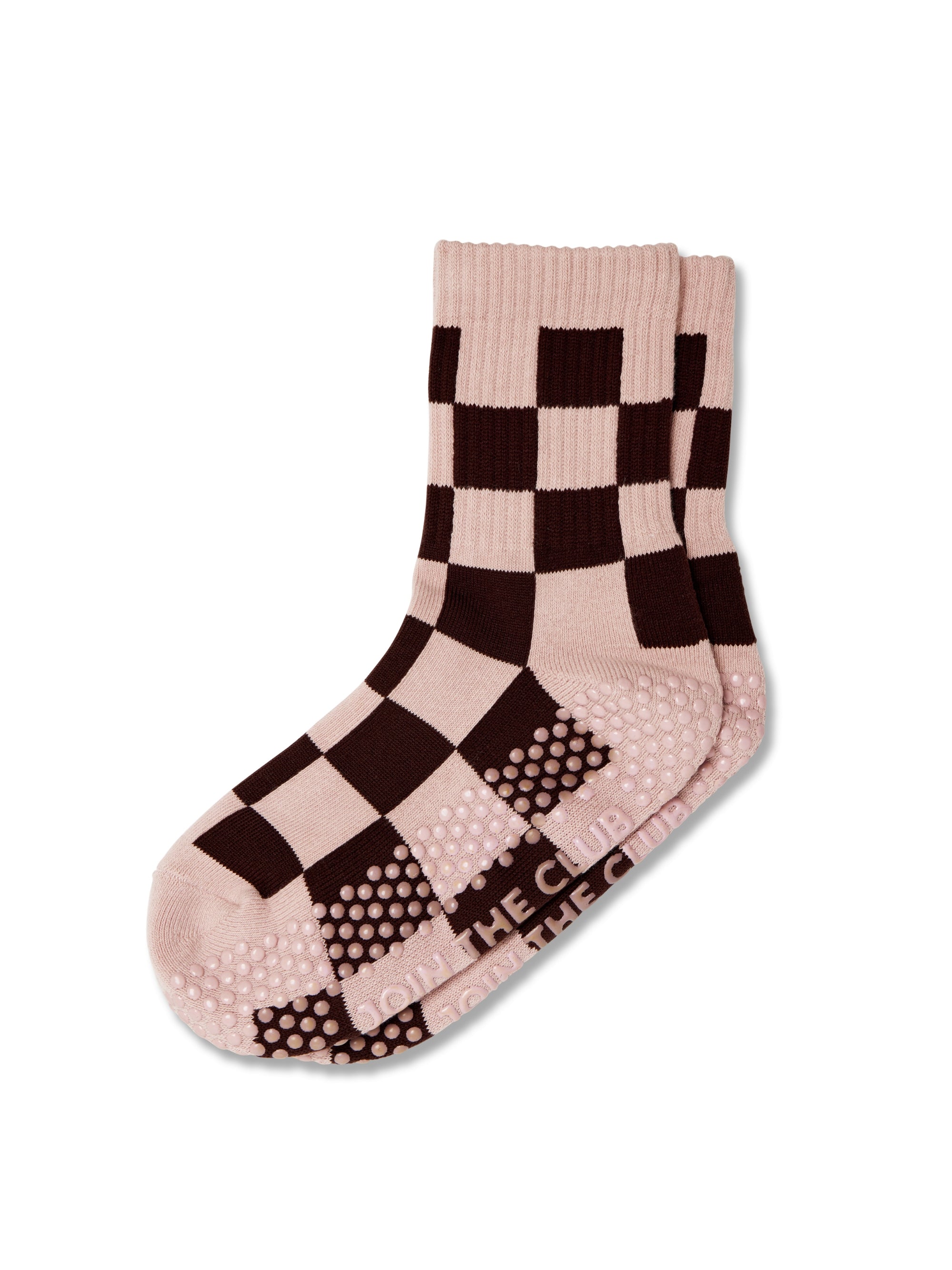 Checkered Crew Pilates Grip Sock - Pink/Chocolate